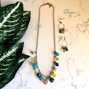 Blue Green Yellow Bead Necklace & Earrings Faux Pearl Rachel Vtg Style Gold Tone